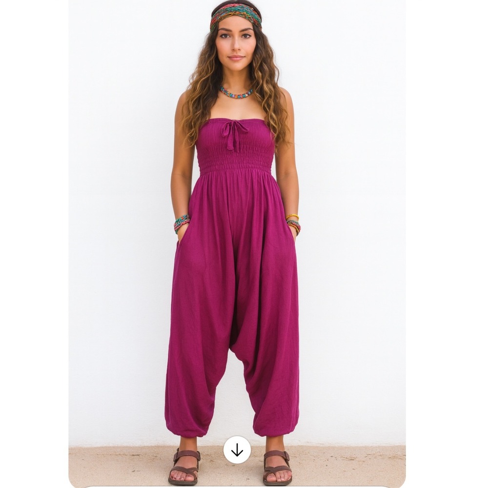 Women's Strapless Pink Harem Jumpsuit‎ Baggy Smocked Romper Boho Hippie OS